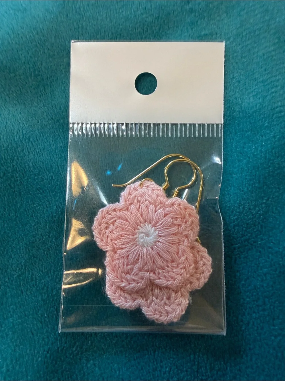 Handwoven Pink Crochet Flower Drop Earrings with Gold Hooks - Picture 1 of 1